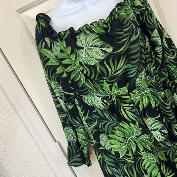 Shein XL Tropical Palm Short Romper Flowing Dress On Off Shoulder Elastic Chest - Picture 3 of 8